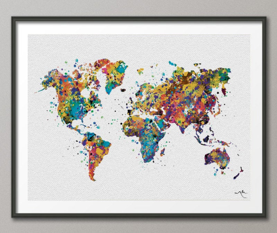 WORLD Map Watercolor Art Print Wedding Gift Travel Art Wanderlust Wall Wedding Gift Poster Wall Decor Art Home Decor Wall Hanging [NO 57] - CocoMilla