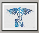 Veterinary Caduceus Watercolor Print Blue Clinic Wall Art Cat Dog Animal Gift Veterinarian Office Clinic Decor Animal Hospital Decor-1418 - CocoMilla