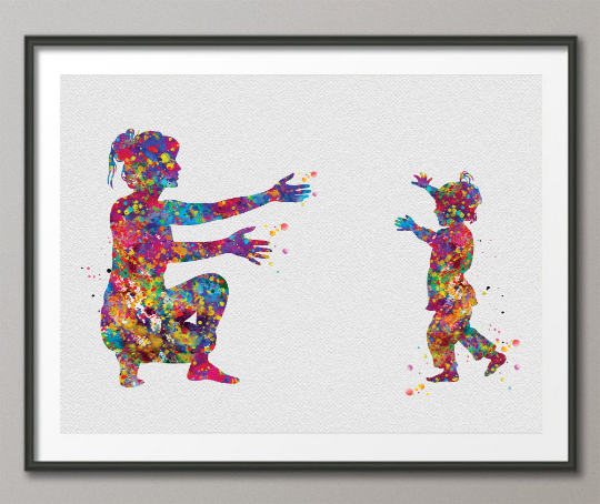 Toddler Girl with Mother Watercolor Print Daughter and Parent Love Mother Children Gift Art for Kids New Mum Baby Shower Nursery Decor-1502 - CocoMilla