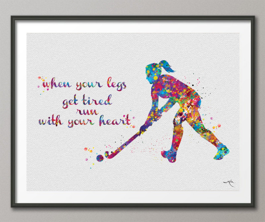 Field Hockey Girl Quote Watercolor Print Hockey Player Girl Gift Art Wall Decor Girl Hockey Art Run with your heart Girl Wall Art-1387 - CocoMilla