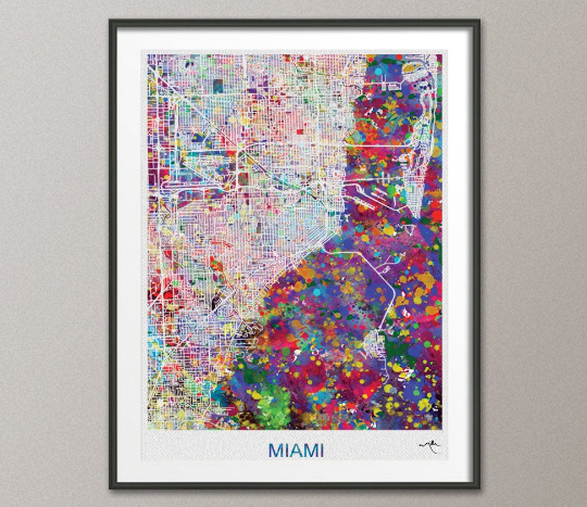 Miami Map, Miami Watercolor Print, Miami Street Map, Travel Decor, Wanderlust, Map Art, Wall Hanging, United States Street Map, City Map-888 - CocoMilla