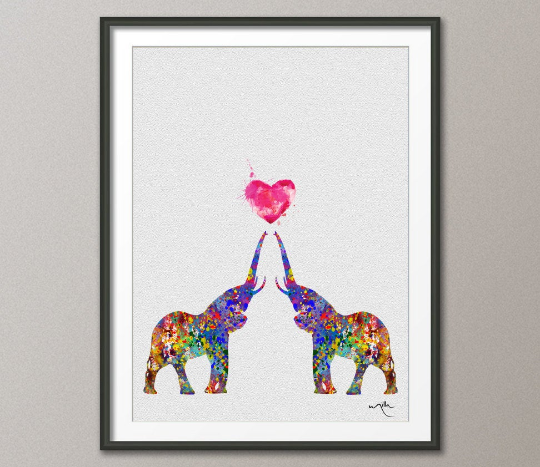 Elephant LOVE Watercolor Art Print Heart Wedding Gift Nursery Wall Art Giclee Wall Decor Art Home Decor Wall Hanging for Kids [NO 30] - CocoMilla