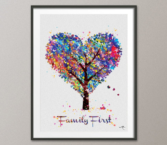Heart Tree Family First Quote Watercolor Print Wedding Gift Wall Decor Art Nursery Art Decor Wall Hanging Love Christmas [NO 649] - CocoMilla