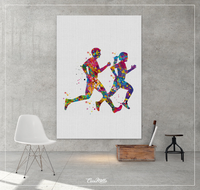 Runners Watercolor Print Canvas Runner Woman Man Couple Marathon Winner Gift Sport Poster Motivational Inspirational Running Gift-1382 - CocoMilla