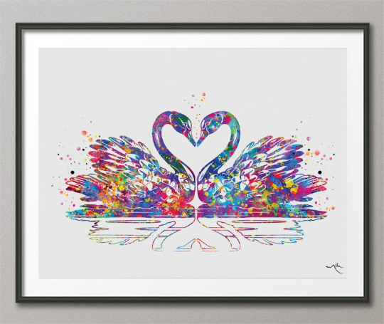 Swan Couple Watercolor Print Wedding Gift Bird Art Housewarming Swans Valentines Day Gift Wall Art Wall Decor Home Decor Wall Hanging-555 - CocoMilla