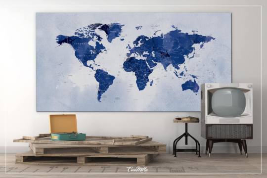 World Map Push Pin Large world map Decorative Push Pins Canvas Blue World Map Travel Gift Wedding Gift Worldmap poster Honeymoon Gift-1217 - CocoMilla