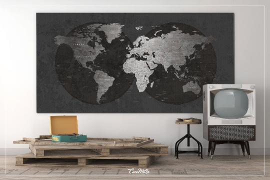 World Map CANVAS Print Extra Large World Art Push Pin Travel Map Rustic Gray World Map Antiques Map Art Wanderlust Pushpin Trawel Map-309 Active Restock requests: 0 - CocoMilla