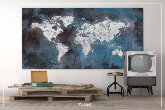 World Map Push Pin Large Dark Blue World Map CANVAS Print Map Rustic Old Watercolor Wall Decor Large World Map Christmas Travel Gift-1136 - CocoMilla