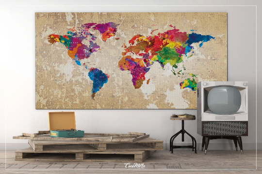 World Map Push Pin Large World Map CANVAS Print Map Travel Gift Rustic Old Watercolor World Map Wall Decor Large World Map Christmas-1106 - CocoMilla