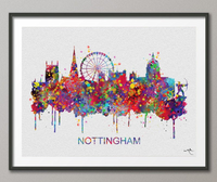 Nottingham Skyline, Nottingham Watercolor Print, England Art Print, Wall Art, Wedding Gift, Travel Wall Decor, Home Decor, Wall Hanging-884 - CocoMilla