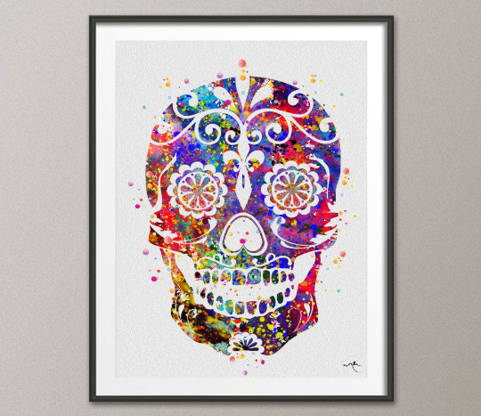 Sugar Skull Watercolor Print Horror Decor Halloween Wall Decor Gothic Black and White Day of the Dead Decor Scary Party Goth Skull Print-266 - CocoMilla